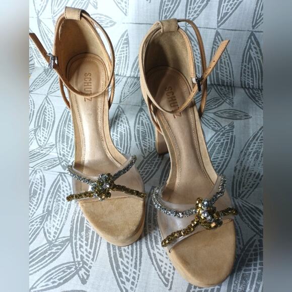 Schutz Jayda Platform Heels Tan Rhinestone Sparkle NEW *flaws - Picture 1 of 9